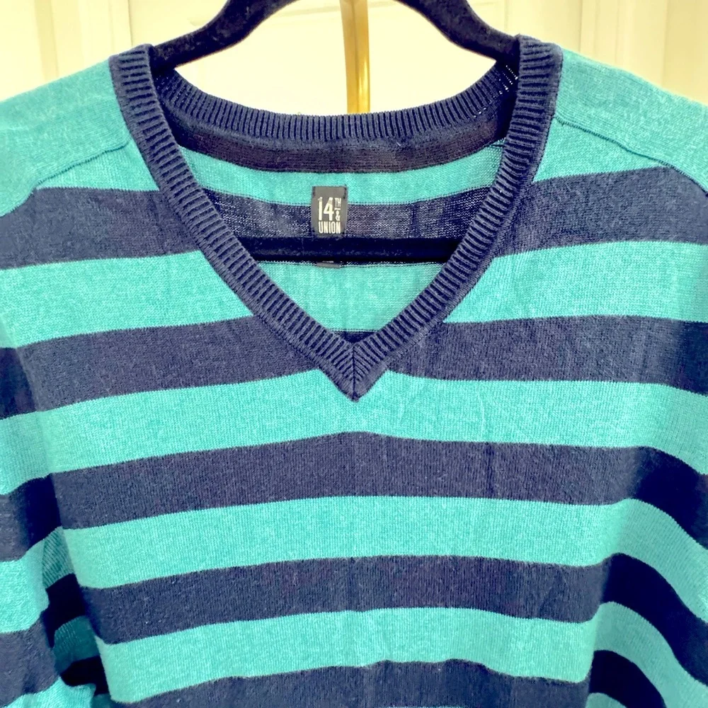 Men's V Neck Blue Green Stripe Long Sleeves Sweater XL Grunge Academia Preppy‎